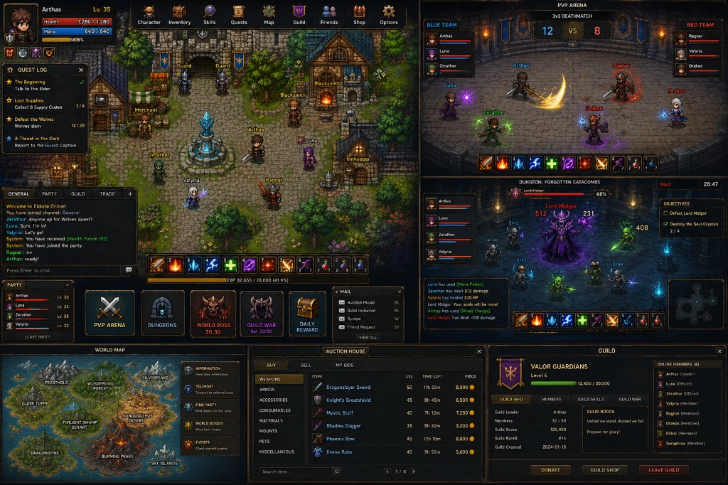 Eldoria world map, arena and guild interface