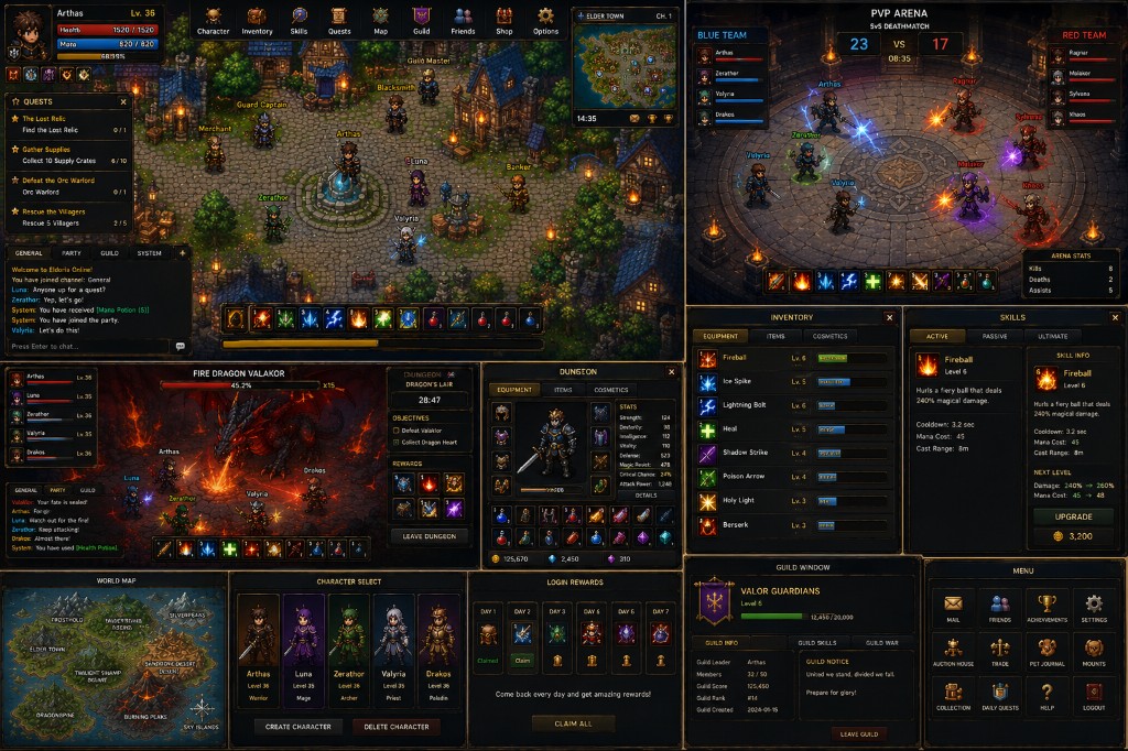 Inventory, skills and character select interface